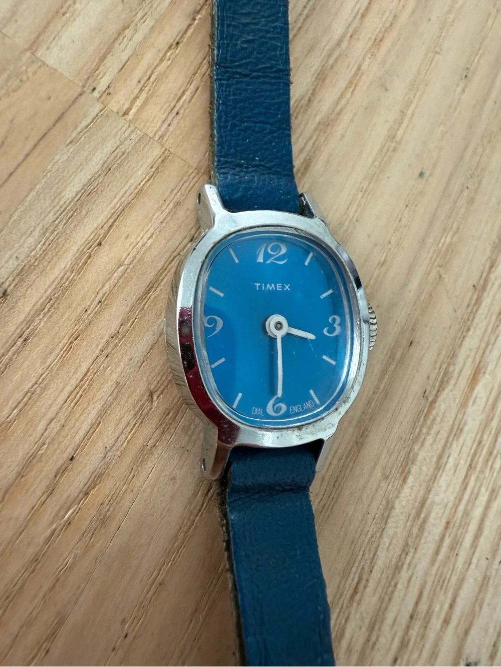 Timex ladies blue dial silver tone blue strap mechanical winding watch